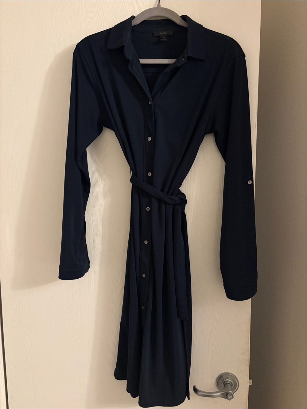 Classic Navy Button-Front Shirt Dress with Waist Tie